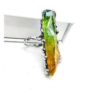 Green and Yellow aura quartz crystal statement ring handmade gothic fantasy